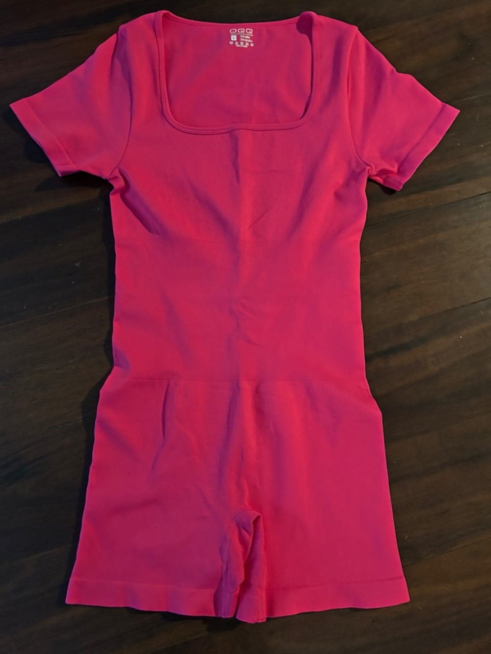 Women's Hot Pink Short-Sleeve Romper Stretchy Square Neck Sexy Unitard Jumpsuit